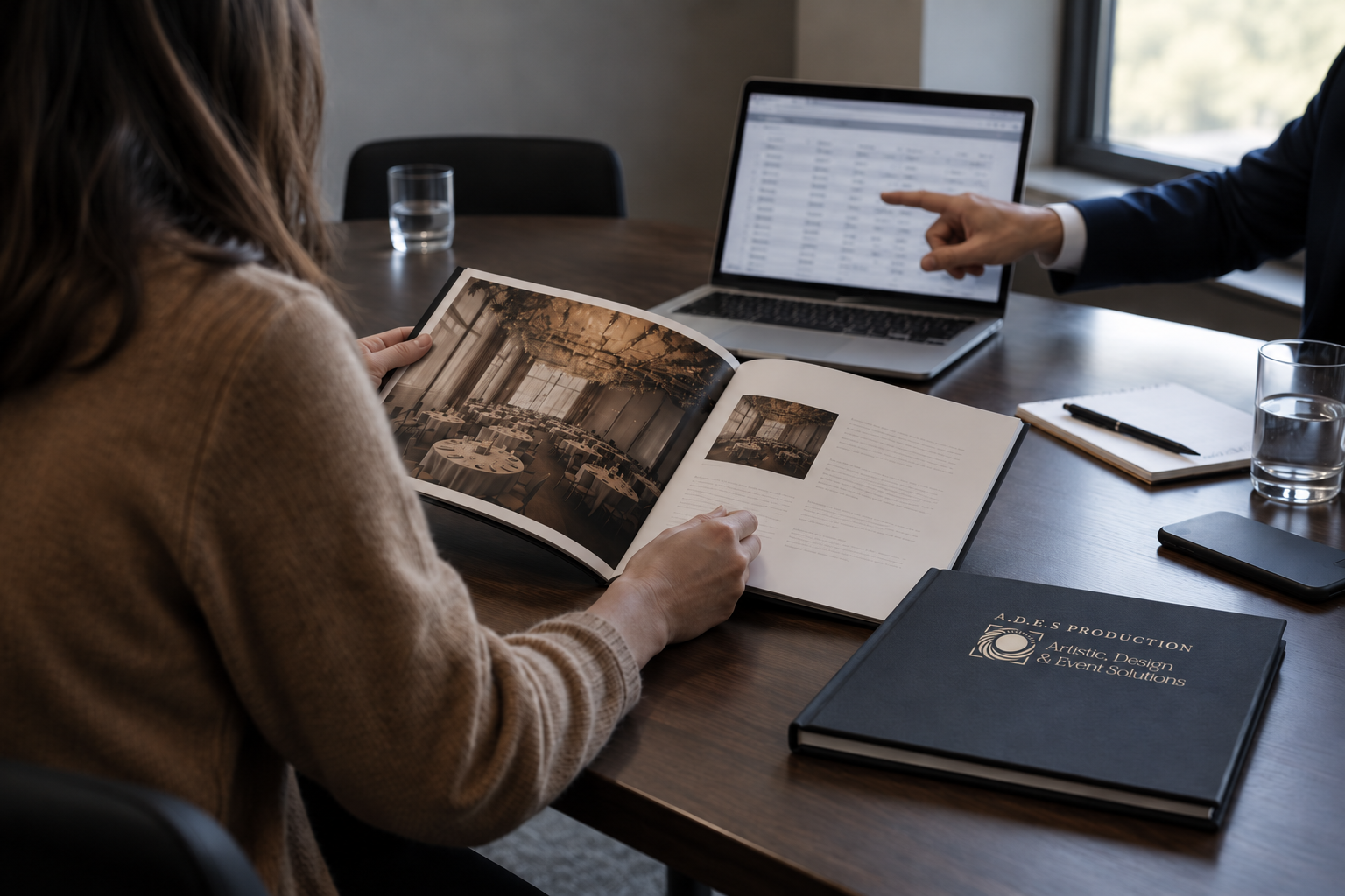 Le dossier étalé sur une table claire : planches d’ambiance, échantillons de matière, plan de salle.