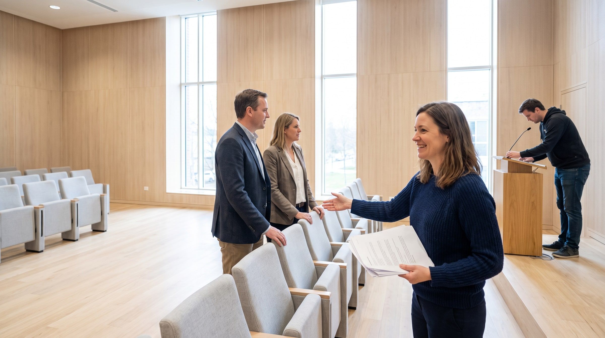 Dans un auditorium clair, une responsable de production échange avec deux personnes pendant la préparation.